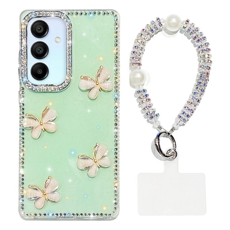 For Samsung Galaxy A15 5G Rhinestone Glitter 3D Butterfly Hand Chain Four-Corner Shockproof Phone Case