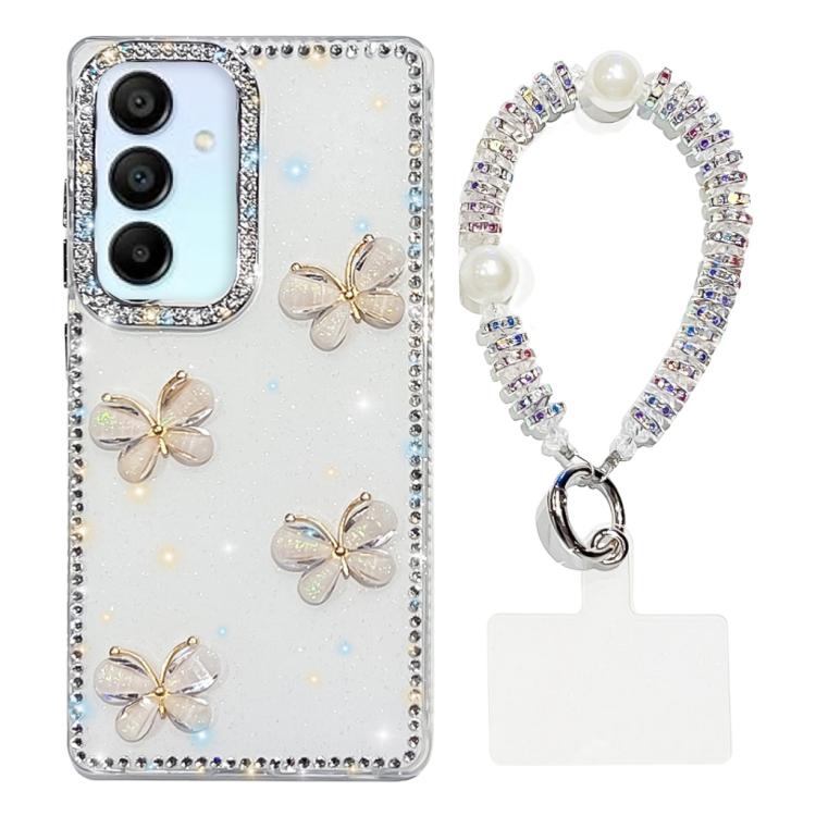 For Samsung Galaxy A15 5G Rhinestone Glitter 3D Butterfly Hand Chain Four-Corner Shockproof Phone Case