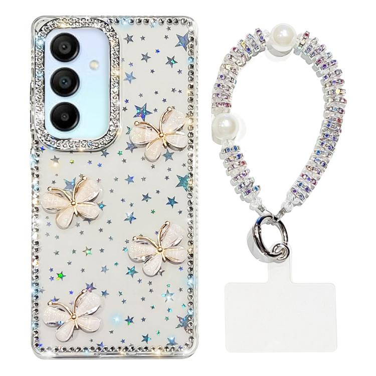 For Samsung Galaxy A15 5G Rhinestone Glitter 3D Butterfly Hand Chain Four-Corner Shockproof Phone Case