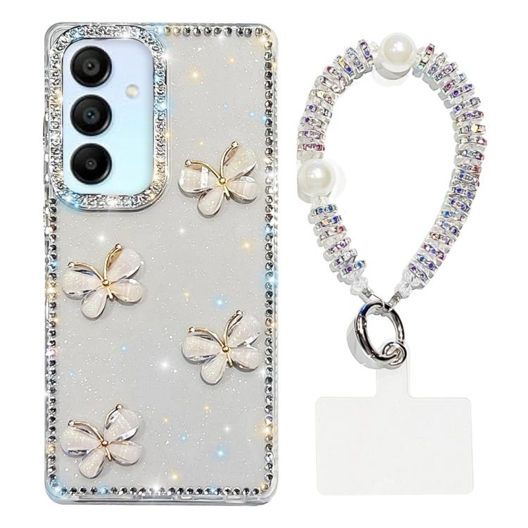 For Samsung Galaxy A15 5G Rhinestone Glitter 3D Butterfly Hand Chain Four-Corner Shockproof Phone Case