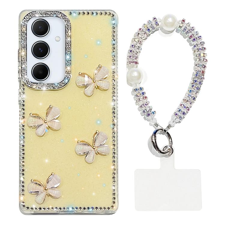For Samsung Galaxy A55 5G Rhinestone Glitter 3D Butterfly Hand Chain Four-Corner Shockproof Phone Case