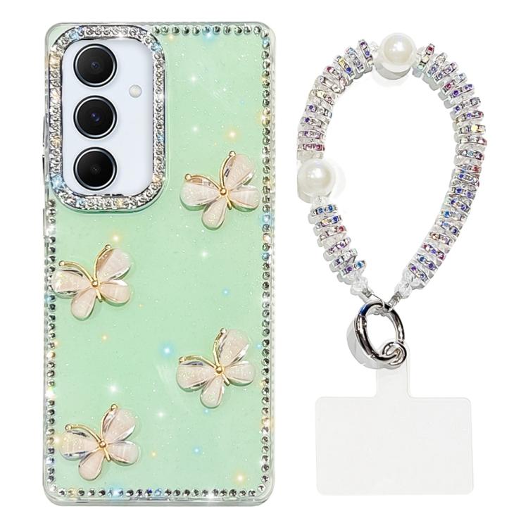 For Samsung Galaxy A55 5G Rhinestone Glitter 3D Butterfly Hand Chain Four-Corner Shockproof Phone Case