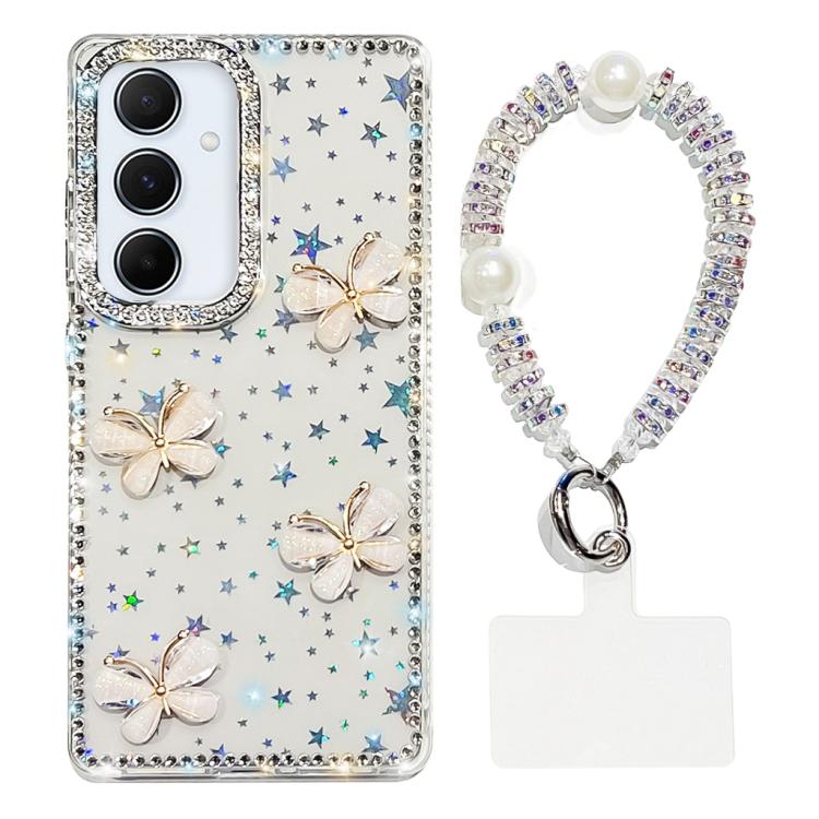 For Samsung Galaxy A55 5G Rhinestone Glitter 3D Butterfly Hand Chain Four-Corner Shockproof Phone Case