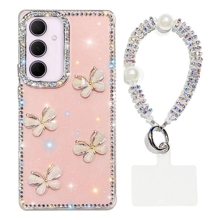 For Samsung Galaxy A35 5G Rhinestone Glitter 3D Butterfly Hand Chain Four-Corner Shockproof Phone Case