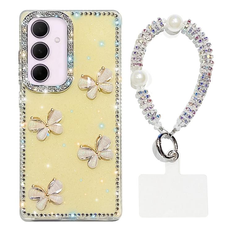 For Samsung Galaxy A35 5G Rhinestone Glitter 3D Butterfly Hand Chain Four-Corner Shockproof Phone Case