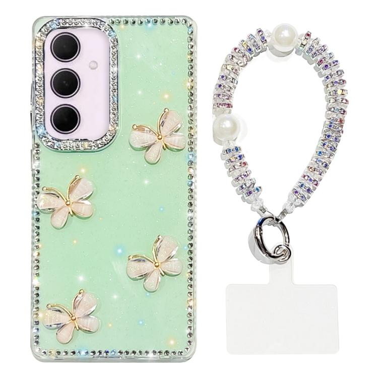 For Samsung Galaxy A35 5G Rhinestone Glitter 3D Butterfly Hand Chain Four-Corner Shockproof Phone Case