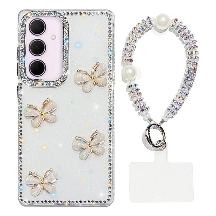 For Samsung Galaxy A35 5G Rhinestone Glitter 3D Butterfly Hand Chain Four-Corner Shockproof Phone Case
