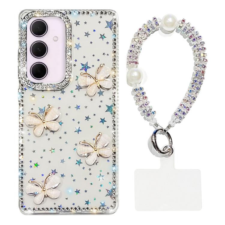 For Samsung Galaxy A35 5G Rhinestone Glitter 3D Butterfly Hand Chain Four-Corner Shockproof Phone Case