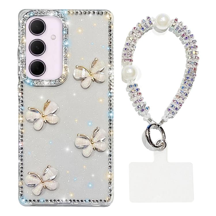 For Samsung Galaxy A35 5G Rhinestone Glitter 3D Butterfly Hand Chain Four-Corner Shockproof Phone Case