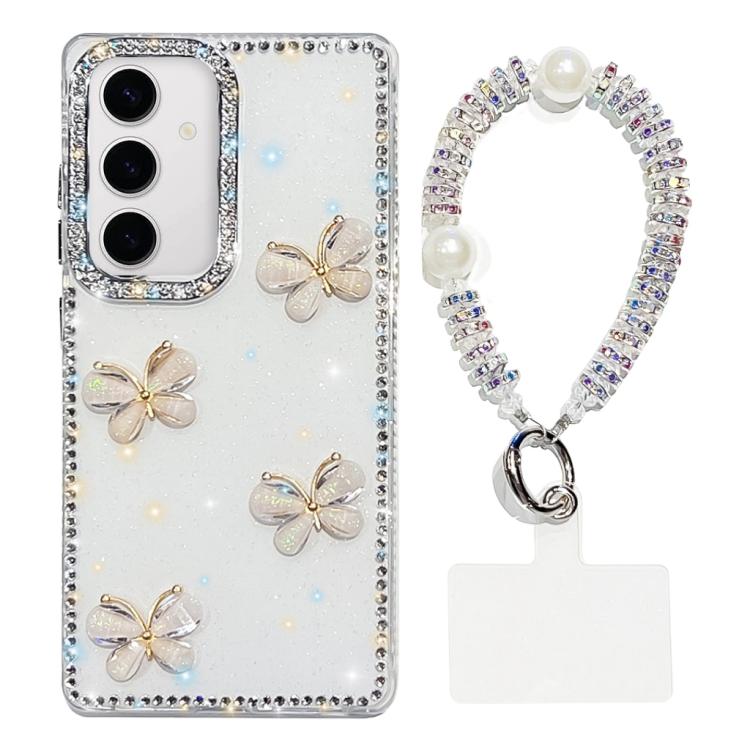 For Samsung Galaxy S24 5G Rhinestone Glitter 3D Butterfly Hand Chain Four-Corner Shockproof Phone Case