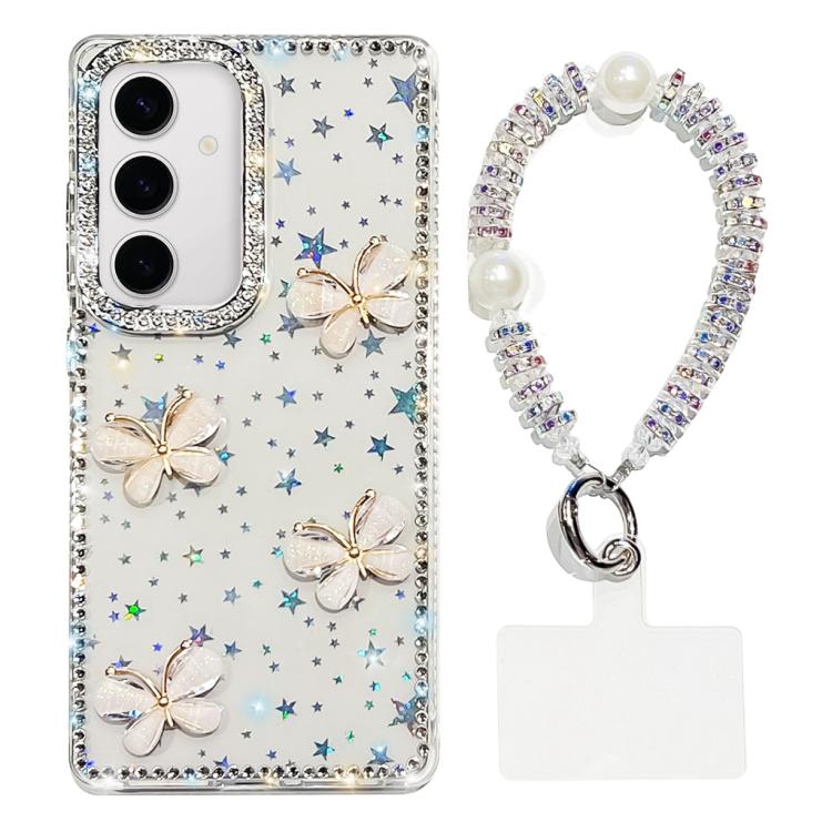 For Samsung Galaxy S24 5G Rhinestone Glitter 3D Butterfly Hand Chain Four-Corner Shockproof Phone Case