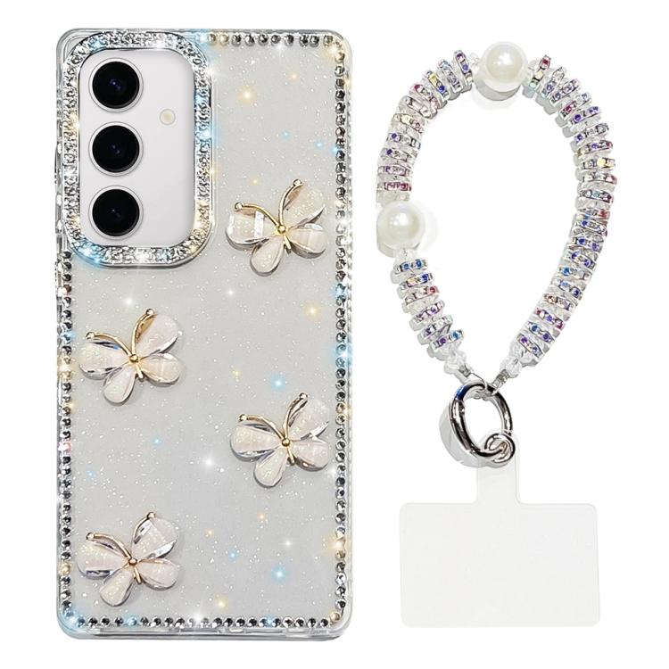 For Samsung Galaxy S24 5G Rhinestone Glitter 3D Butterfly Hand Chain Four-Corner Shockproof Phone Case