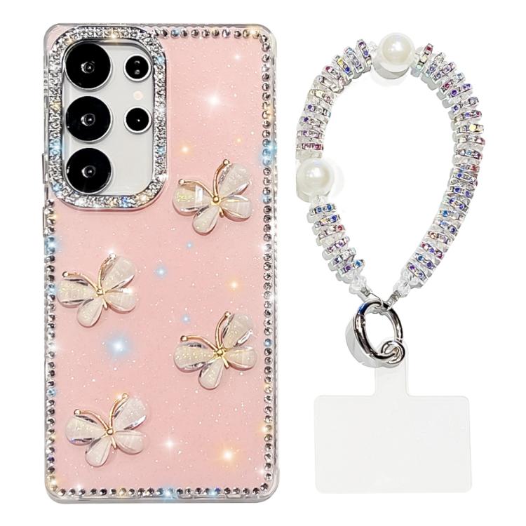For Samsung Galaxy S23 Ultra 5G Rhinestone Glitter 3D Butterfly Hand Chain Four-Corner Shockproof Phone Case