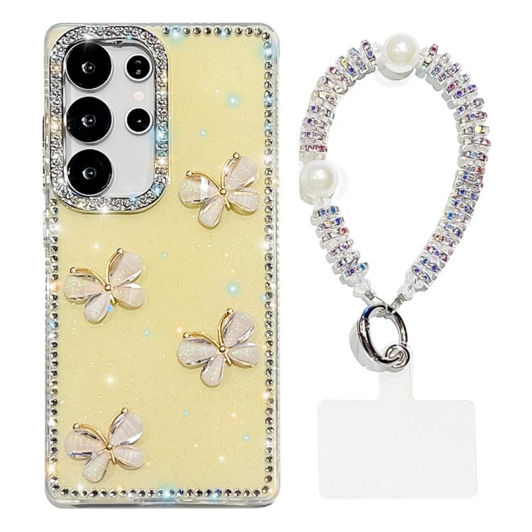 For Samsung Galaxy S23 Ultra 5G Rhinestone Glitter 3D Butterfly Hand Chain Four-Corner Shockproof Phone Case