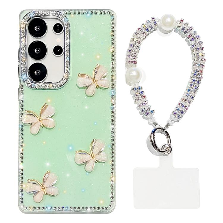 For Samsung Galaxy S23 Ultra 5G Rhinestone Glitter 3D Butterfly Hand Chain Four-Corner Shockproof Phone Case