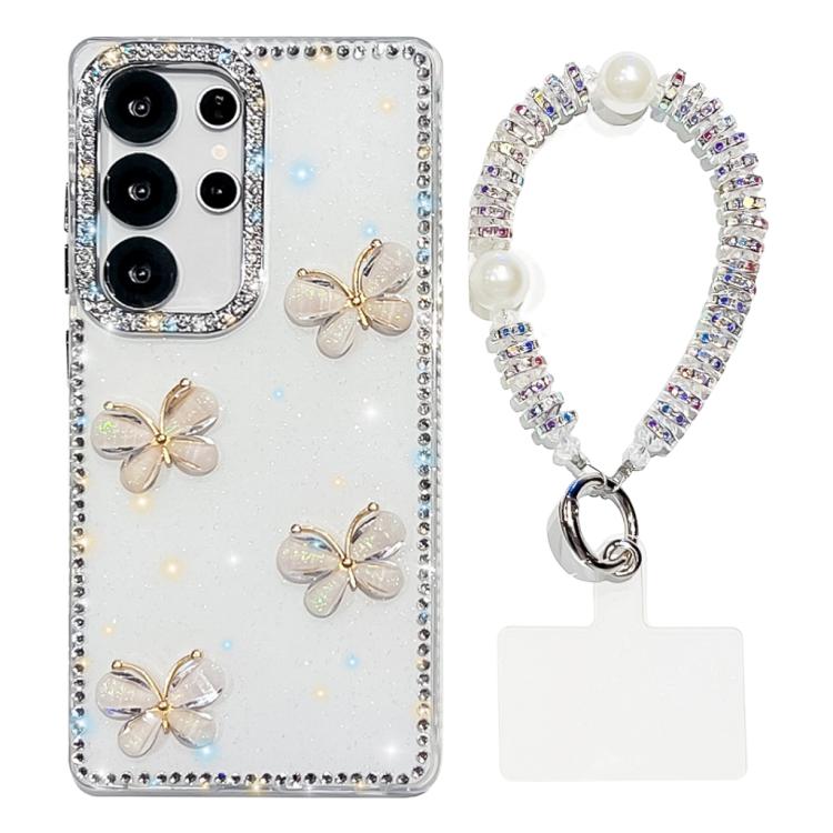 For Samsung Galaxy S23 Ultra 5G Rhinestone Glitter 3D Butterfly Hand Chain Four-Corner Shockproof Phone Case