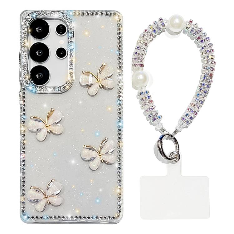 For Samsung Galaxy S23 Ultra 5G Rhinestone Glitter 3D Butterfly Hand Chain Four-Corner Shockproof Phone Case