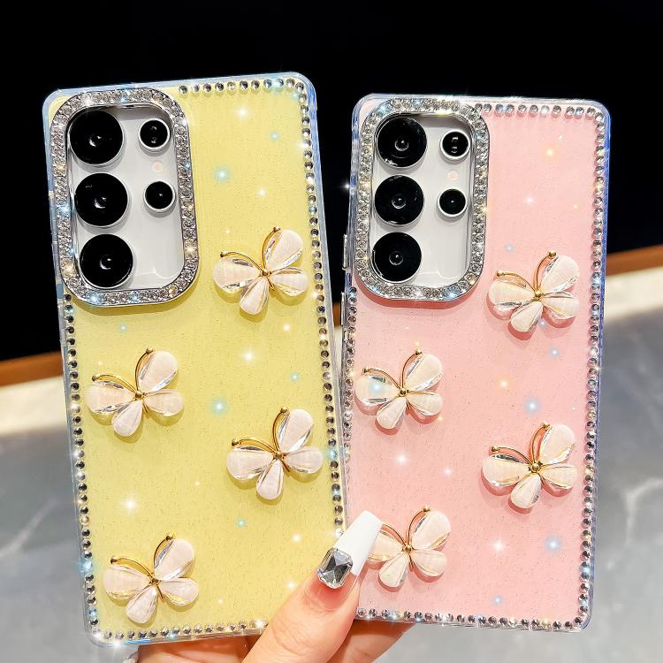 For Samsung Galaxy A07 5G Rhinestone Glitter 3D Butterfly Hand Chain Four-Corner Shockproof Phone Case