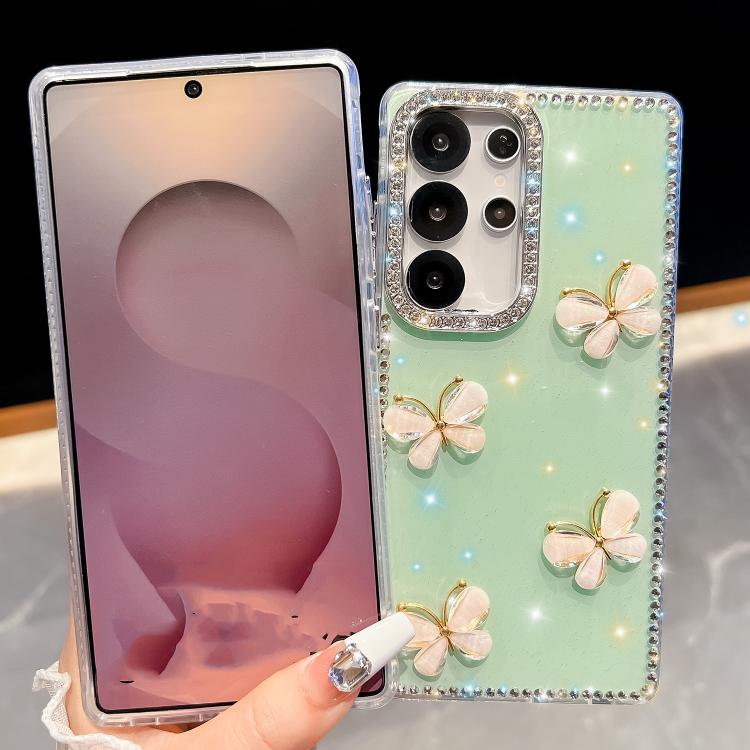 For Samsung Galaxy S24 FE 5G Rhinestone Glitter 3D Butterfly Hand Chain Four-Corner Shockproof Phone Case