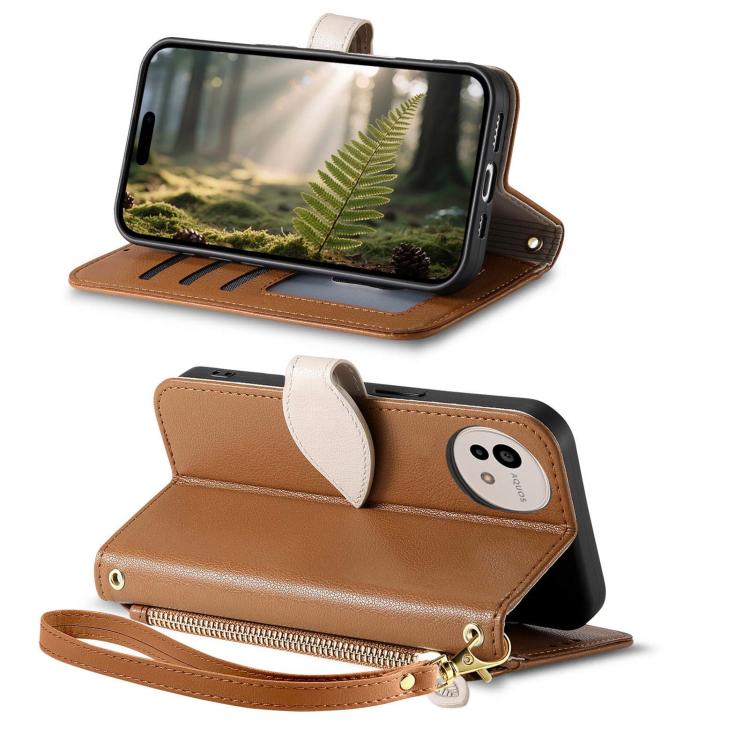 For Sharp Aquos wish5 Leaf Buckle Zipper Wallet Leather Phone Case with Strap