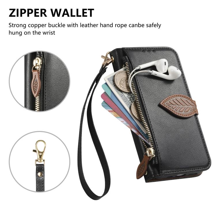 For Sharp Aquos wish5 Leaf Buckle Zipper Wallet Leather Phone Case with Strap