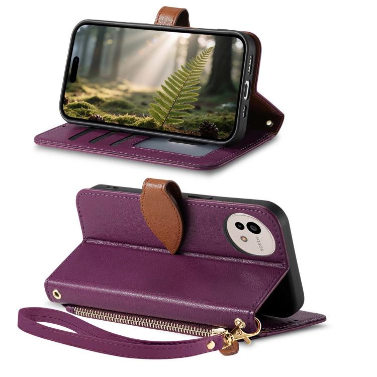 For Sharp Aquos wish4 Leaf Buckle Zipper Wallet Leather Phone Case with Strap