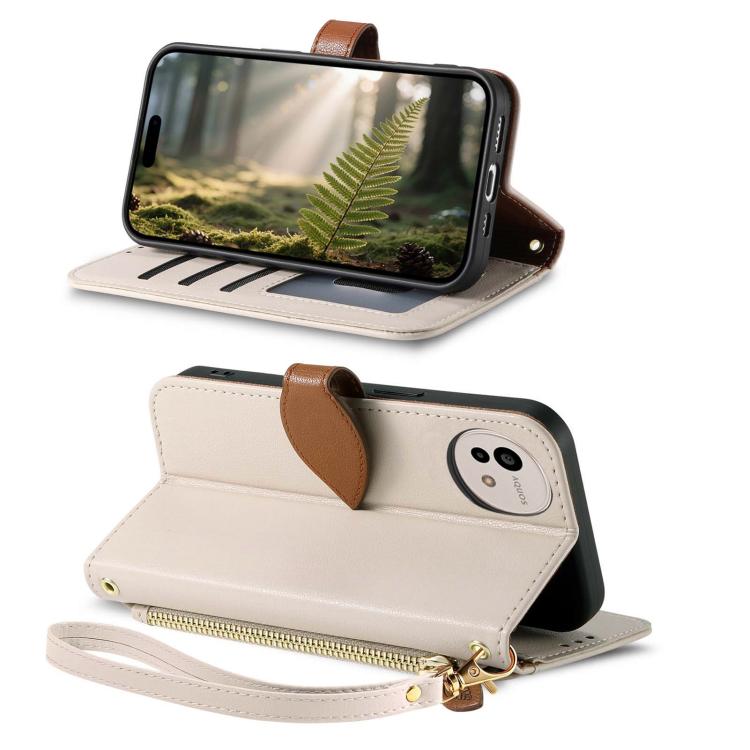 For Sharp Aquos wish4 Leaf Buckle Zipper Wallet Leather Phone Case with Strap