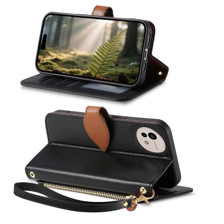For Sharp Aquos wish4 Leaf Buckle Zipper Wallet Leather Phone Case with Strap