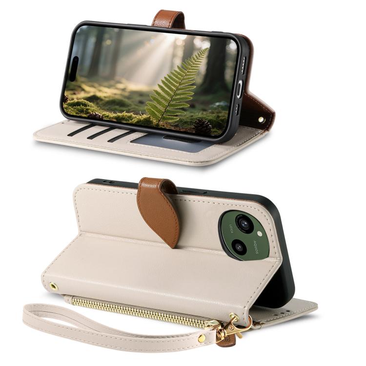 For Sharp Aquos Sense9 /10 Leaf Buckle Zipper Wallet Leather Phone Case with Strap