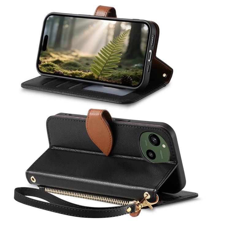 For Sharp Aquos Sense9 /10 Leaf Buckle Zipper Wallet Leather Phone Case with Strap