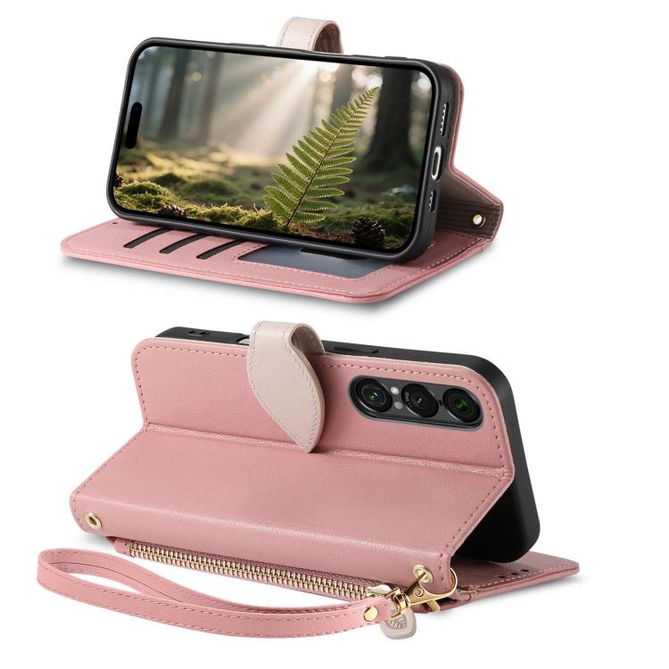 For Sony Xperia 1 VII Leaf Buckle Zipper Wallet Leather Phone Case with Strap