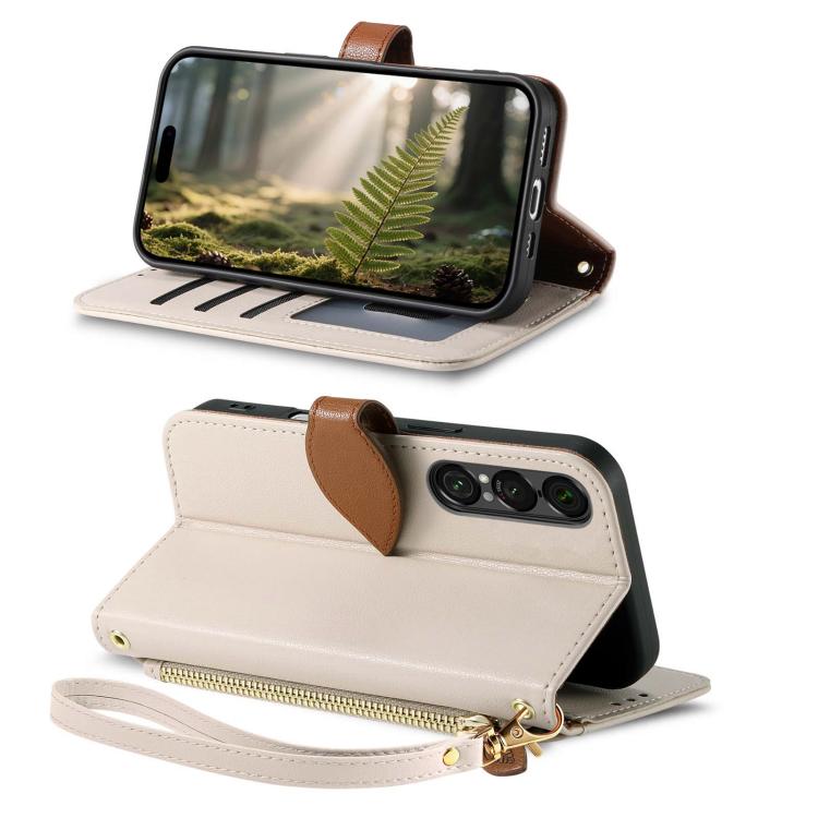 For Sony Xperia 1 VII Leaf Buckle Zipper Wallet Leather Phone Case with Strap