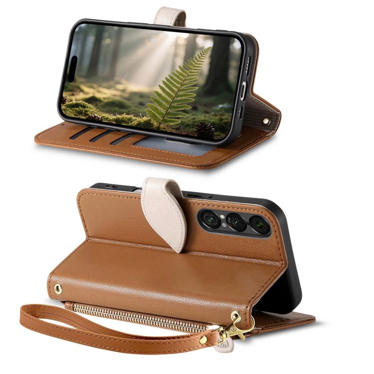 For Sony Xperia 10 VII Leaf Buckle Zipper Wallet Leather Phone Case with Strap