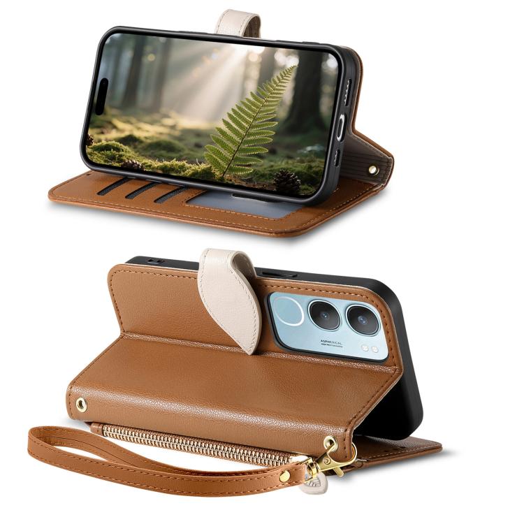 For vivo Y19s Leaf Buckle Zipper Wallet Leather Phone Case with Strap