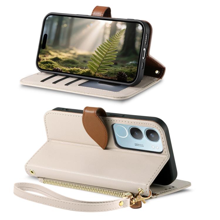 For vivo Y19s Leaf Buckle Zipper Wallet Leather Phone Case with Strap