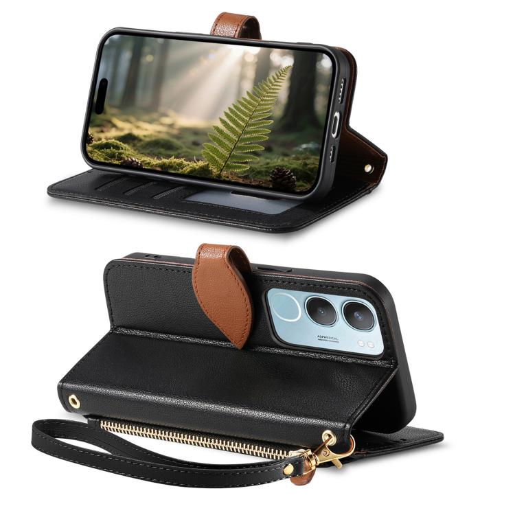 For vivo Y19s Leaf Buckle Zipper Wallet Leather Phone Case with Strap