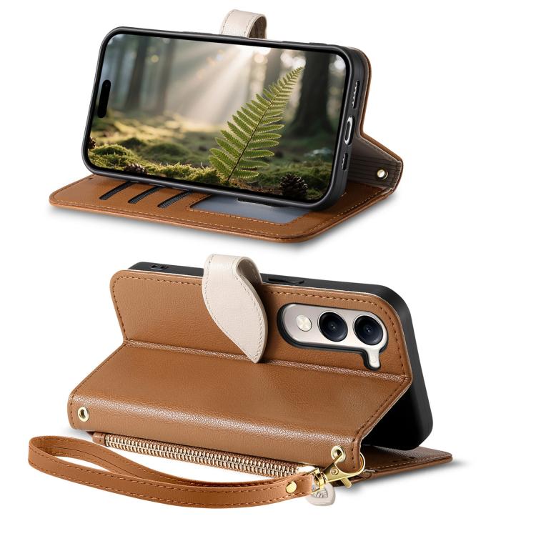 For vivo Y04 / Y29s 5G Leaf Buckle Zipper Wallet Leather Phone Case with Strap