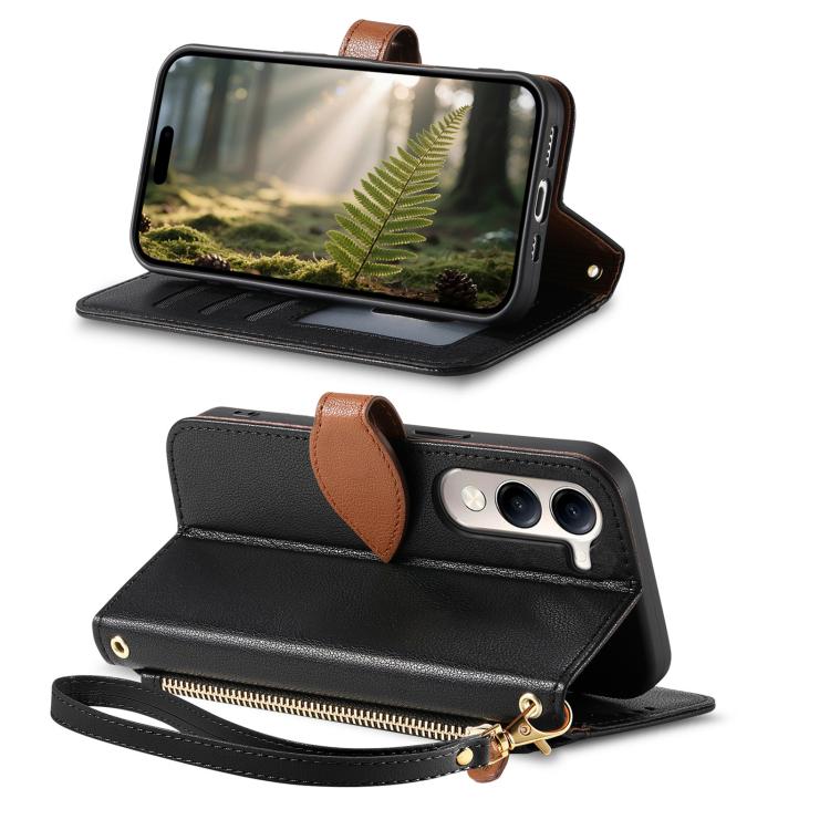 For vivo Y04 / Y29s 5G Leaf Buckle Zipper Wallet Leather Phone Case with Strap