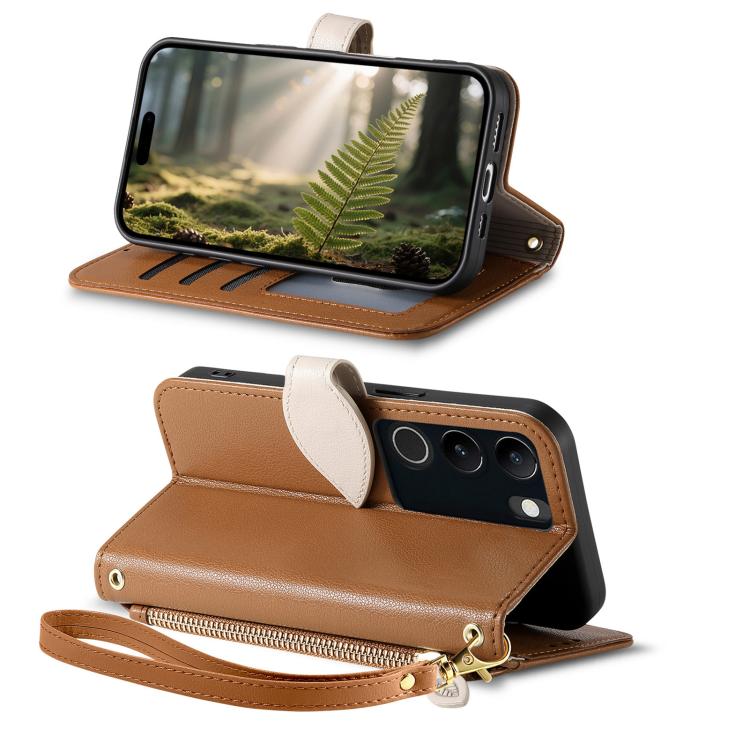 For vivo S17 / S17 Pro / V29 / V29 Pro Leaf Buckle Zipper Wallet Leather Phone Case with Strap
