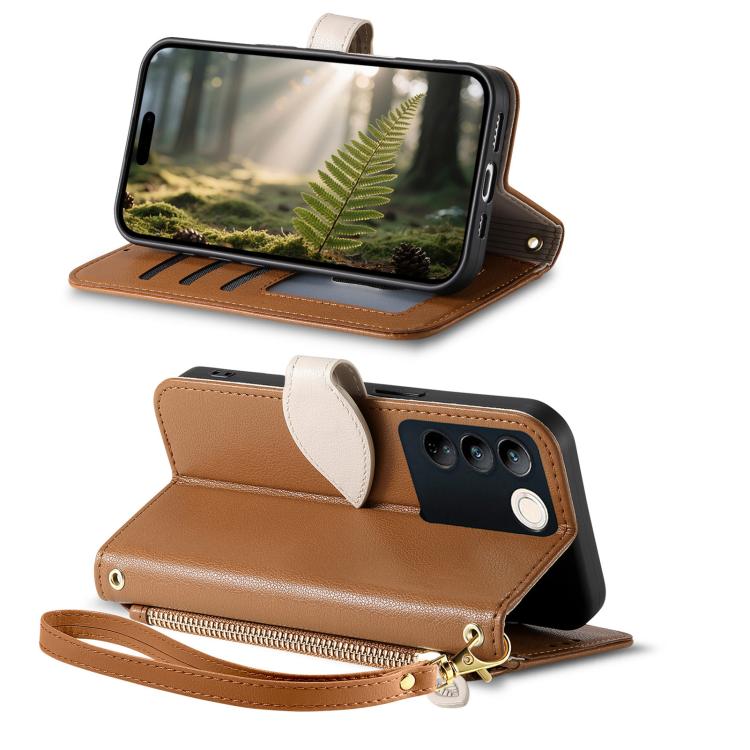 For vivo S16 / S16 Pro / V27 / V27 Pro Leaf Buckle Zipper Wallet Leather Phone Case with Strap