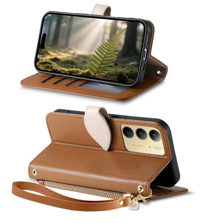 For Realme C75 / C71 4G Leaf Buckle Zipper Wallet Leather Phone Case with Strap