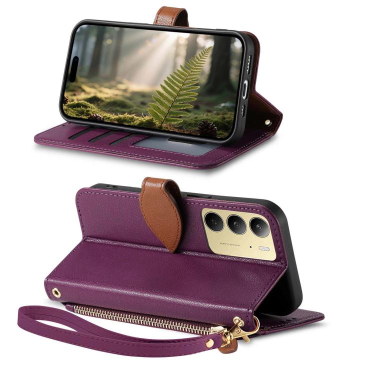 For Realme C75 / C71 4G Leaf Buckle Zipper Wallet Leather Phone Case with Strap