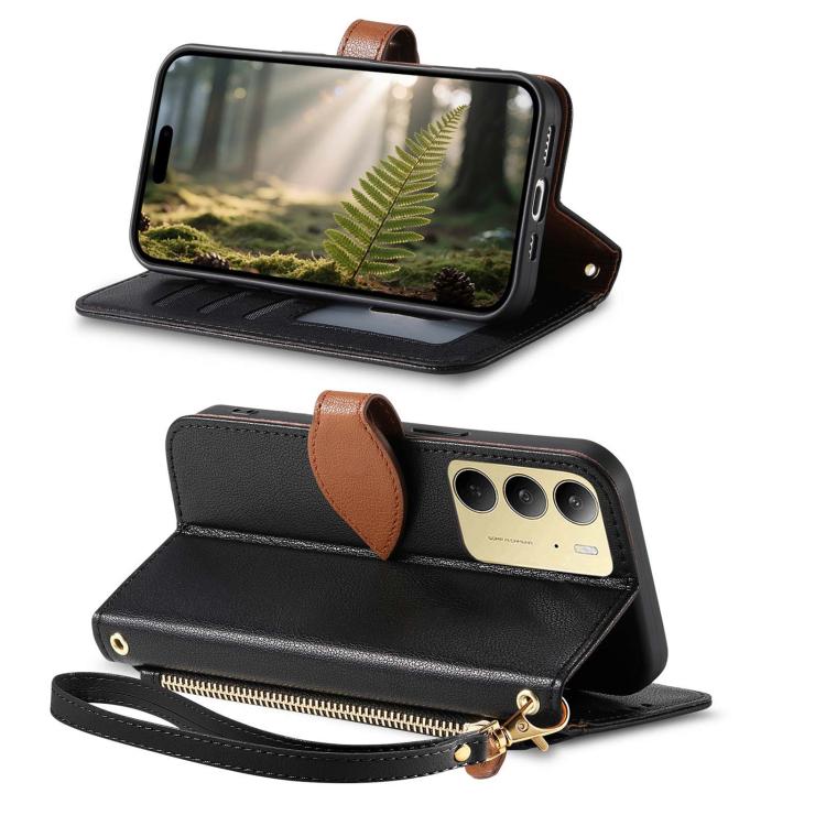 For Realme C75 / C71 4G Leaf Buckle Zipper Wallet Leather Phone Case with Strap