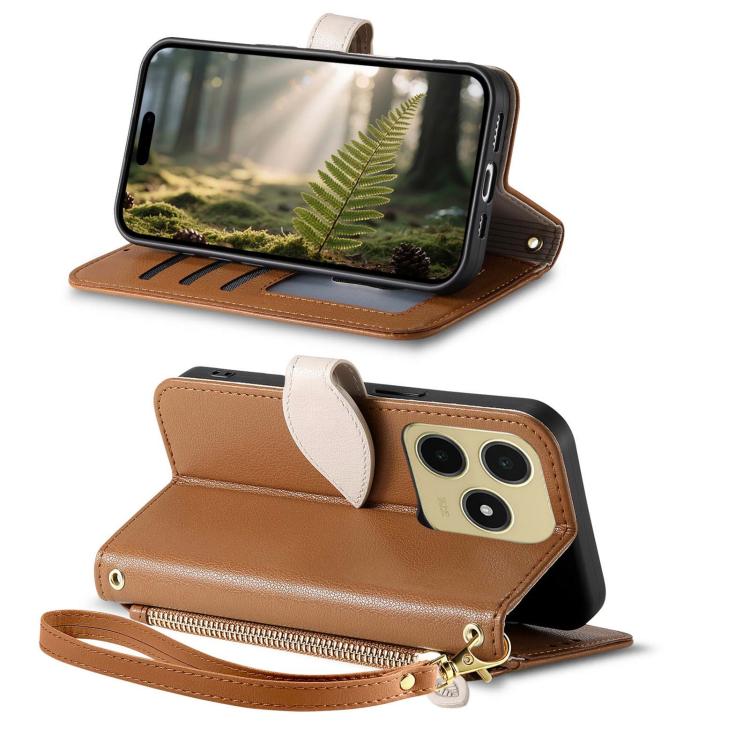 For Realme C63 4G / Note 60 Leaf Buckle Zipper Wallet Leather Phone Case with Strap