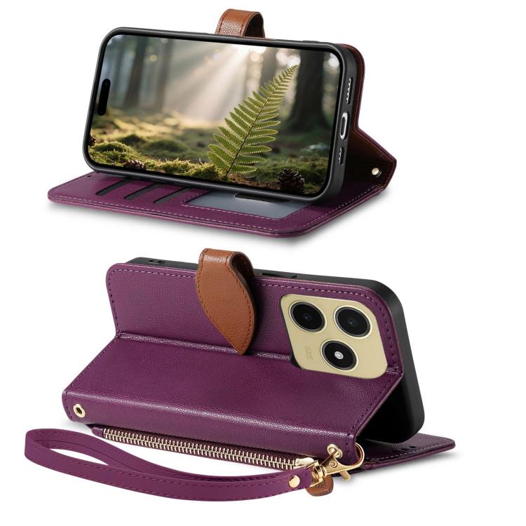 For Realme C63 4G / Note 60 Leaf Buckle Zipper Wallet Leather Phone Case with Strap