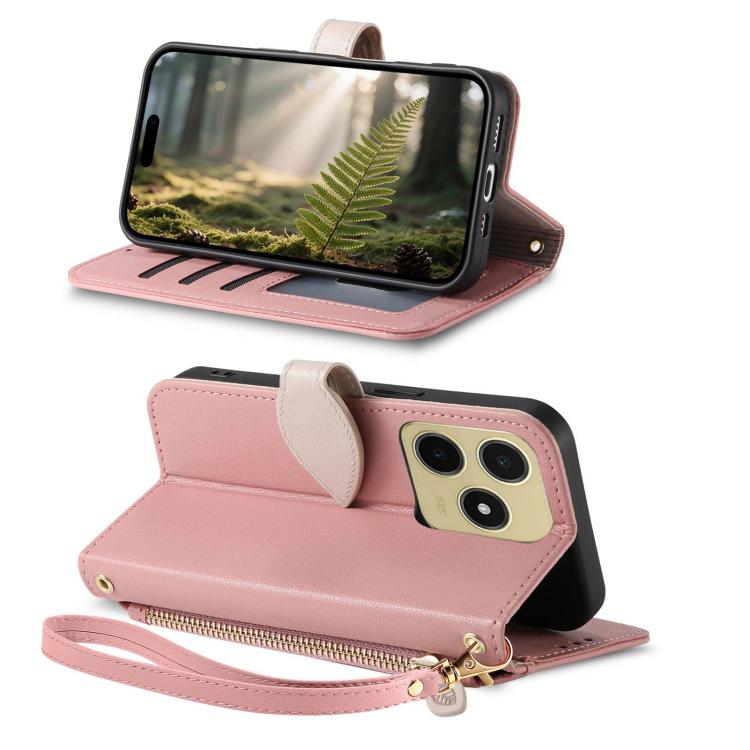 For Realme C63 4G / Note 60 Leaf Buckle Zipper Wallet Leather Phone Case with Strap