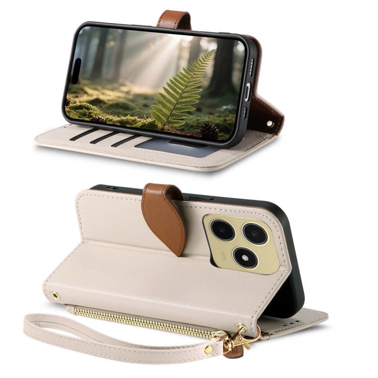 For Realme C63 4G / Note 60 Leaf Buckle Zipper Wallet Leather Phone Case with Strap