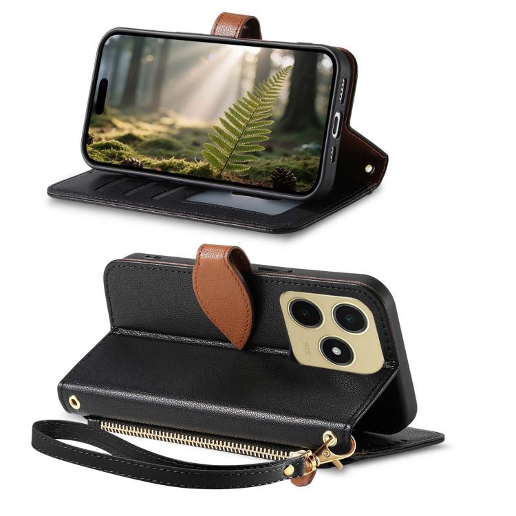 For Realme C63 4G / Note 60 Leaf Buckle Zipper Wallet Leather Phone Case with Strap