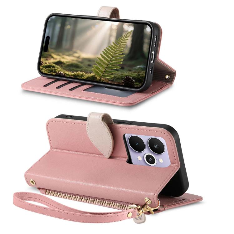 For Realme 15 / 15 Pro Leaf Buckle Zipper Wallet Leather Phone Case with Strap