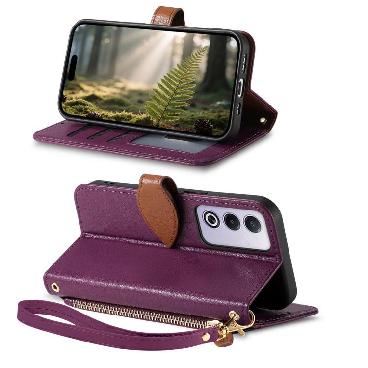 For OPPO A3 Pro 5G Leaf Buckle Zipper Wallet Leather Phone Case with Strap